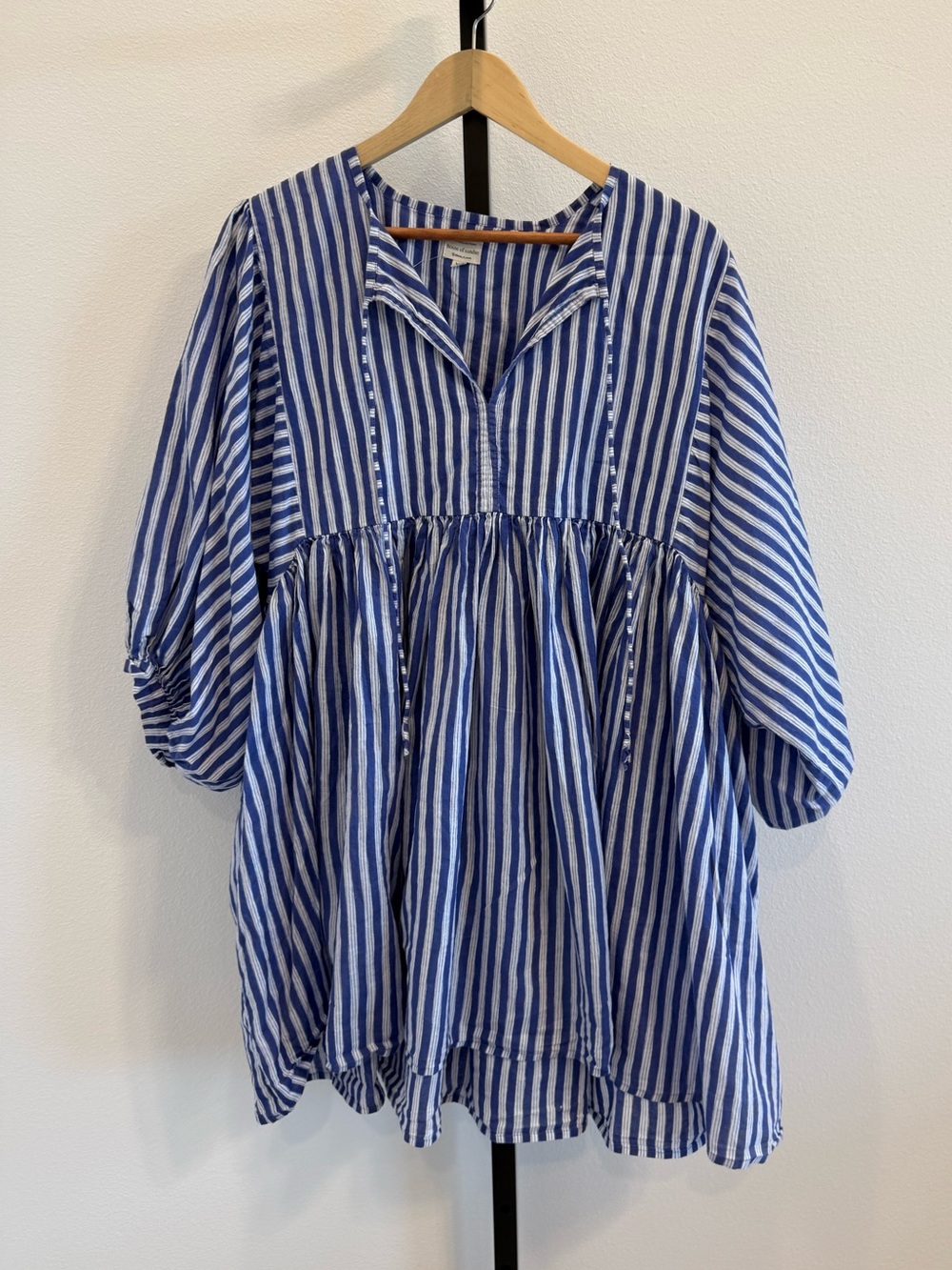 House of Sundar Maya Cotton Mini Striped Blue and White Dress XL Coastal Beach